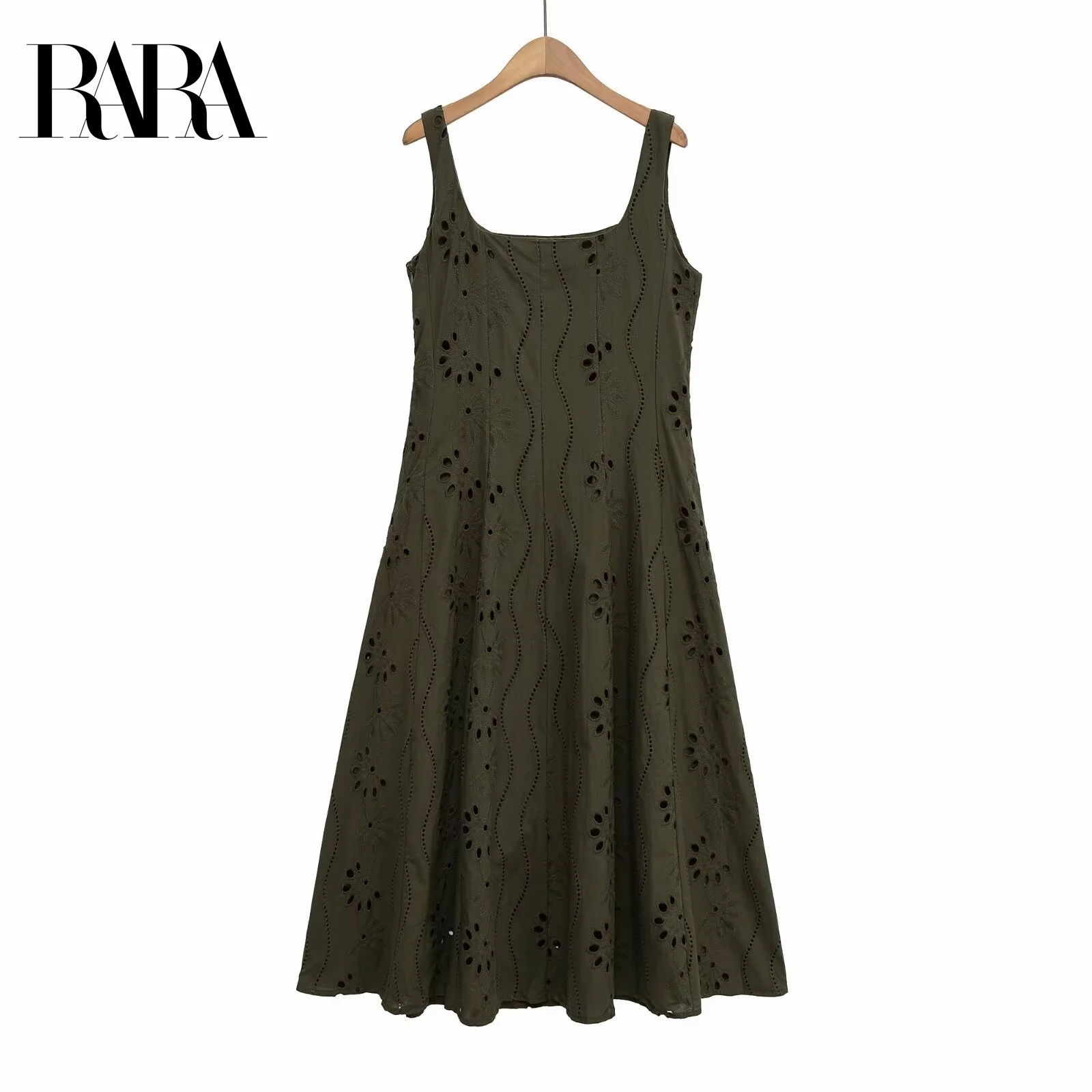 

RARA Women's Summer New Embroidered Hollow Out Decorated Casual Elegant Square Neck Sleeveless Wide Strap Mid Length Dress