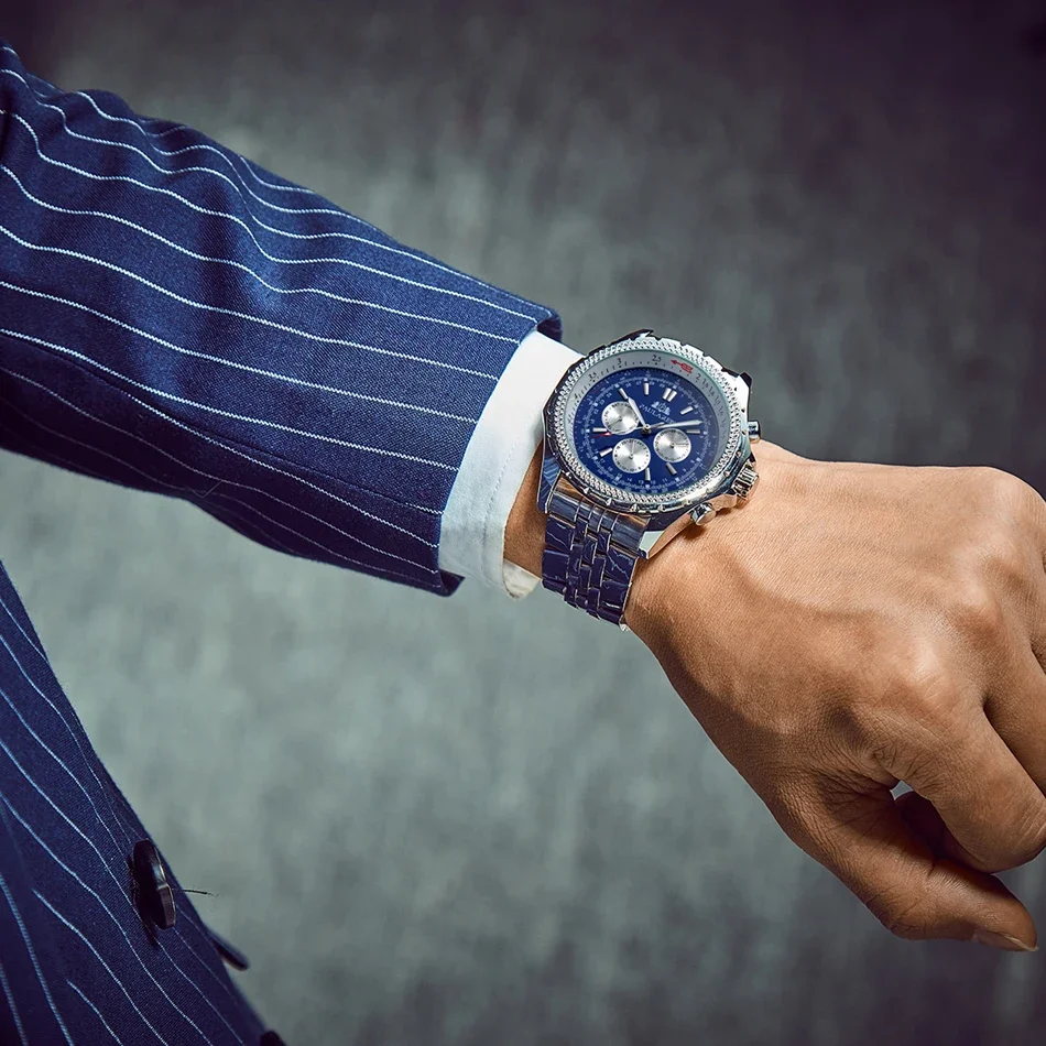 التلقائية الميكانيكية حركة الرياح الذاتية أزياء رياضية أزرق أسود أبيض الطلب أزياء الرجال ووتش