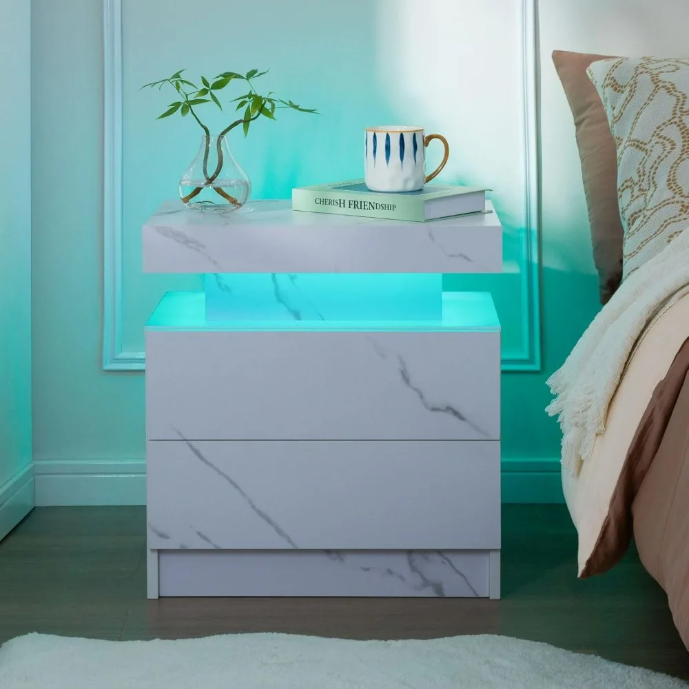 Night Stand Set 2 LED Nightstand with 2 Drawers Bedside Table with LED Lights Side Tables for Bedroom Living Room