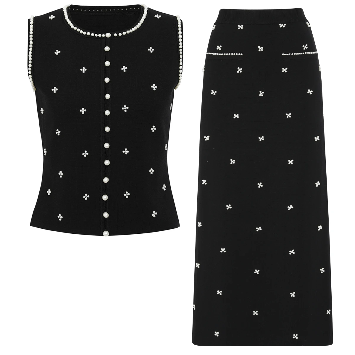 26136 Sommer Neues Hochwertiges Damen-Mode-Set: Kleines Perlen-Rundhals-Tanktop + Halbrock aus Strick