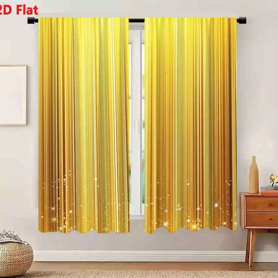 2Pcs Curtains 2D Flat Vibrant Abstract Gold Amber Vertical Stripes Background With Sparkling Stars Window Drapes for Bedroom Roo
