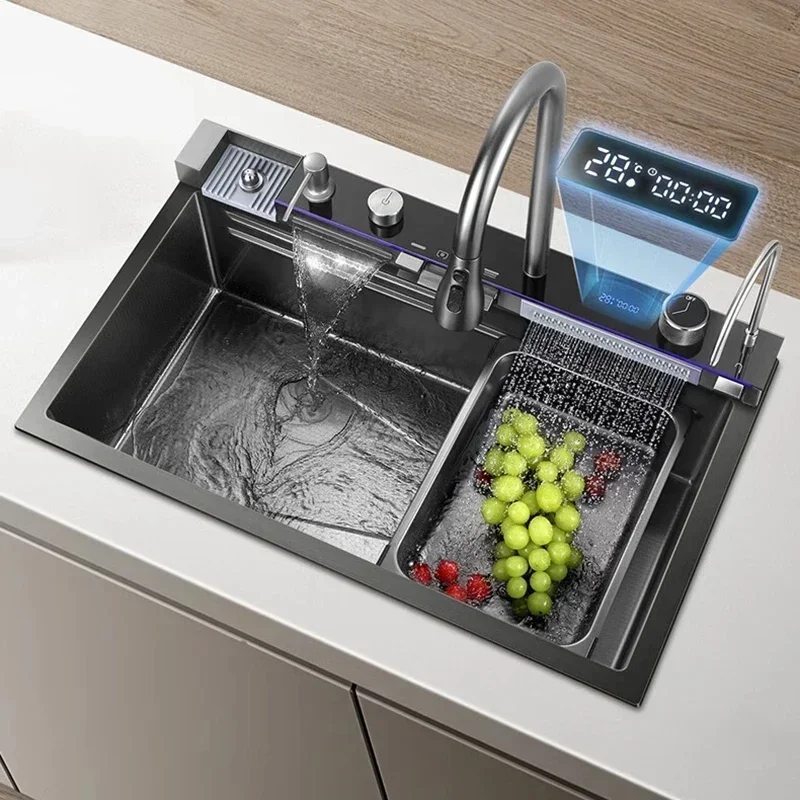 Raindance Waterfall Kitchen Sinks Nano Stainless Steel 304 Home Kitchen Wash Basin Digital Display Embossed Large Single Slot B