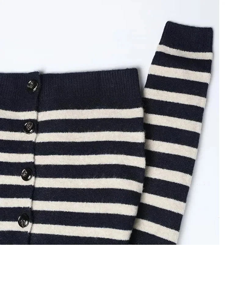 

HH Осенние женские элегантные кардиганы с круглым воротником, вязаный кардиган, женский шикарный однобортный полосатый короткий топ с длинными рукавами