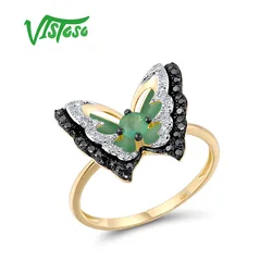 VISTOSO Pure 14K 585 Yellow Gold Ring For Woman Natural Emerald Sparkling Diamond Butterfly Rings Wedding Party Fine Jewelry