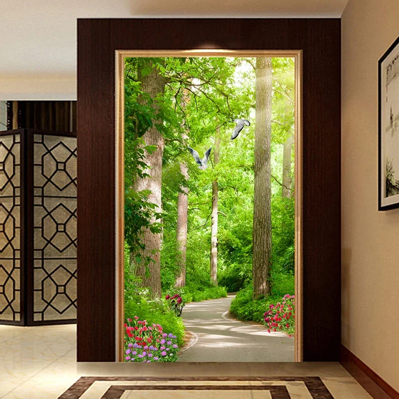 Custom 3D Photo Wallpaper Wall Covering Sunny Forest Green Tree Flowers Small Road Scenery Mural Entrance Corridor Wall Painting