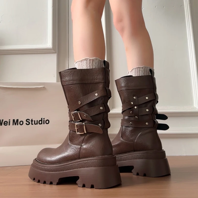 Lined Warm Women Platform Mid Calf Boots Multi Buckle Strap Faux Leather Shoes Casual Autumn Thick Sole Motorcycle Boots