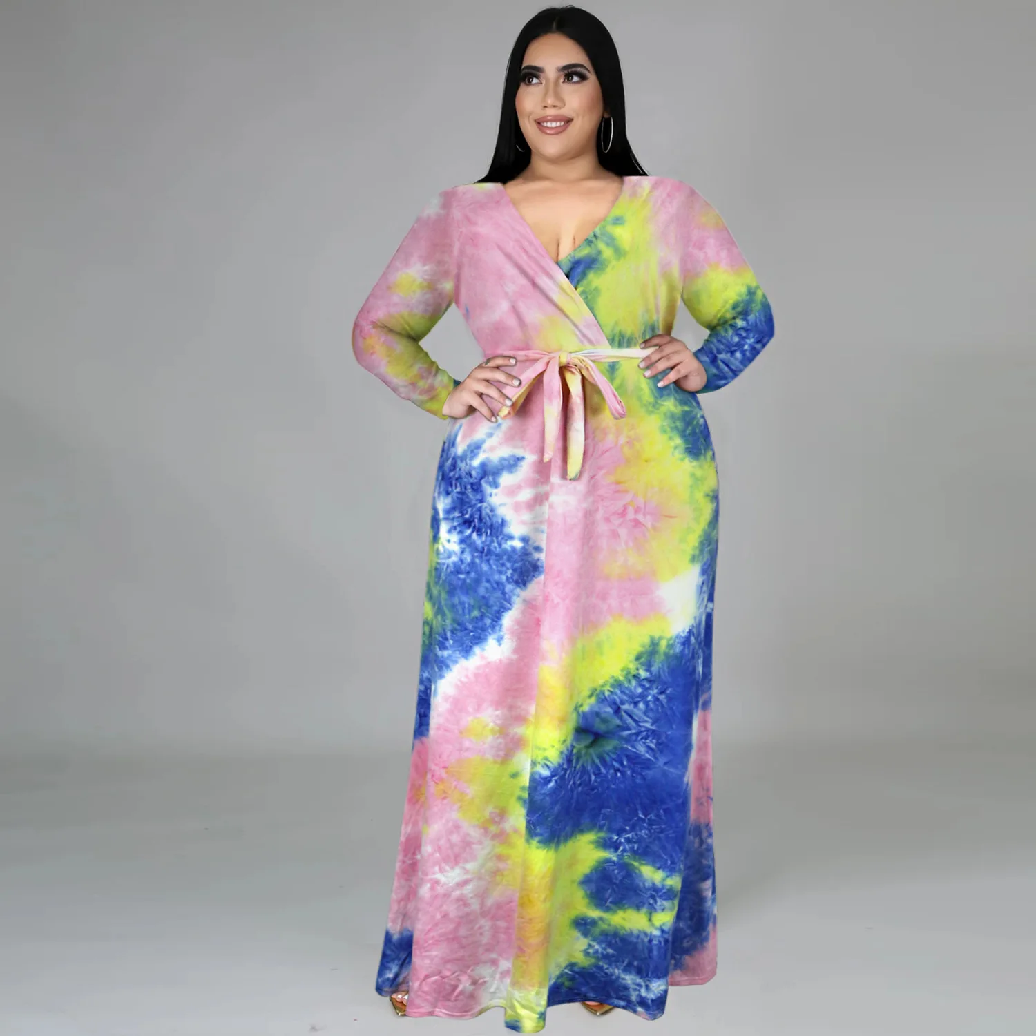 HAOOHU-vestidos de talla grande para mujer, ropa informal, elegante, Tie Dye, cinturón, manga larga, 5XL, urbano, Otoño, 2023