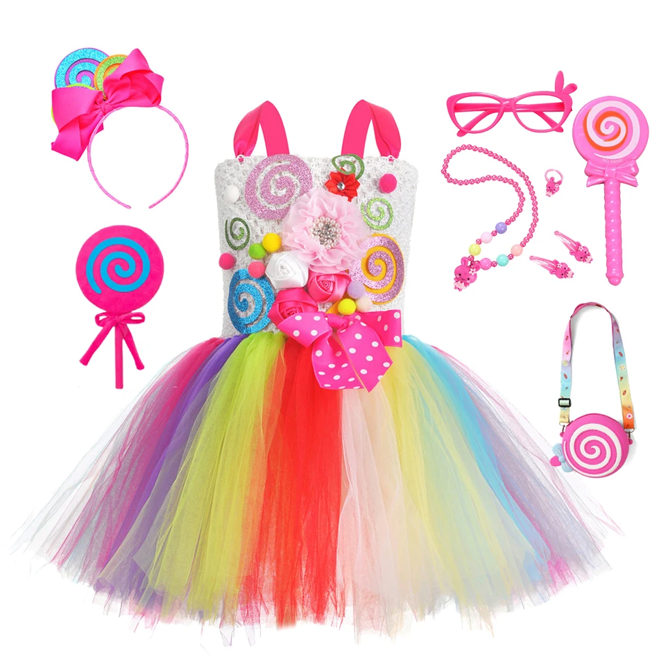 

Радужное платье принцессы для девочек, яркое платье на день рождения, карнавальный костюм для детей, милая одежда с леденцами и цветами для девочек с повязкой на голову