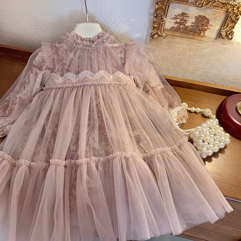 子供用フリース裏地付きプリンセスドレス,女の赤ちゃんの誕生日服,ふくらんでいるガーゼ,秋冬