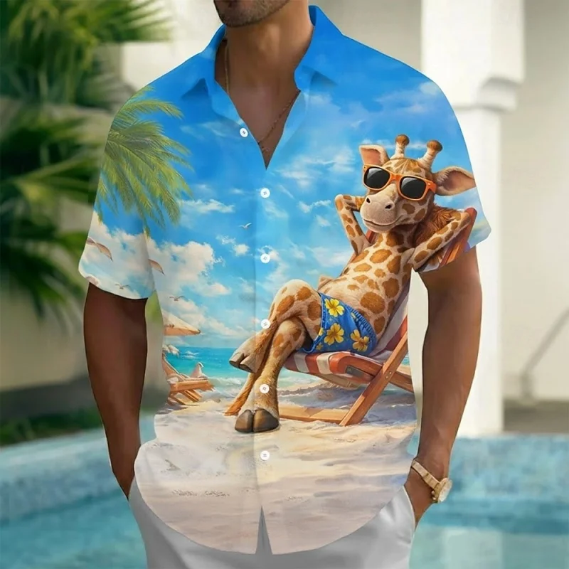 

Hippopotamus Giraffe Pattern Hawaiian Shirt For Men Vacation 3D Print Short Sleeves Summer Street Blouse Surf Beach Aloha Shirts