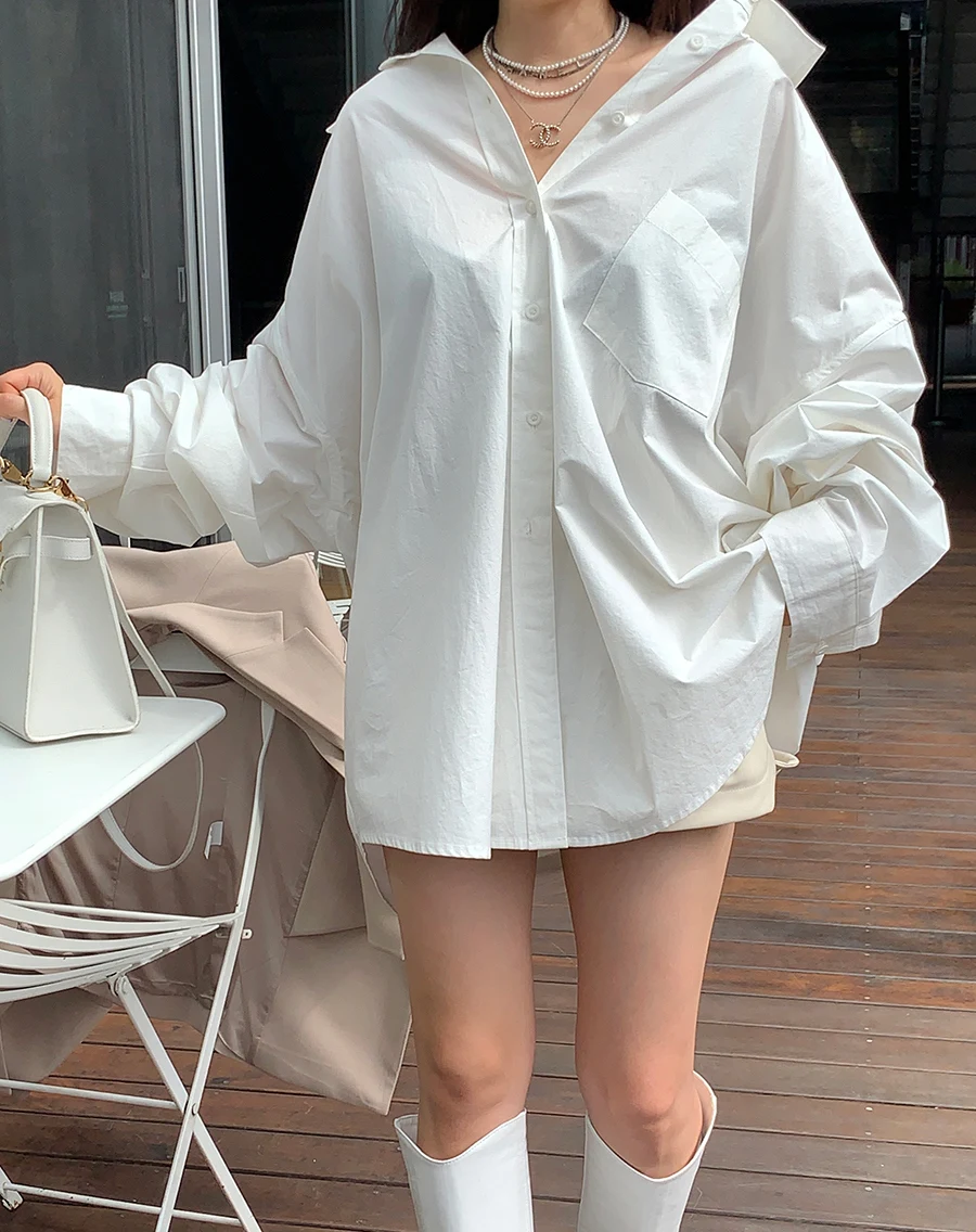 

Chic Casual Loose Women's irt with ket Classic Collar Slimming A-Line Hemline Korean Sle Long Sve Cotton Top