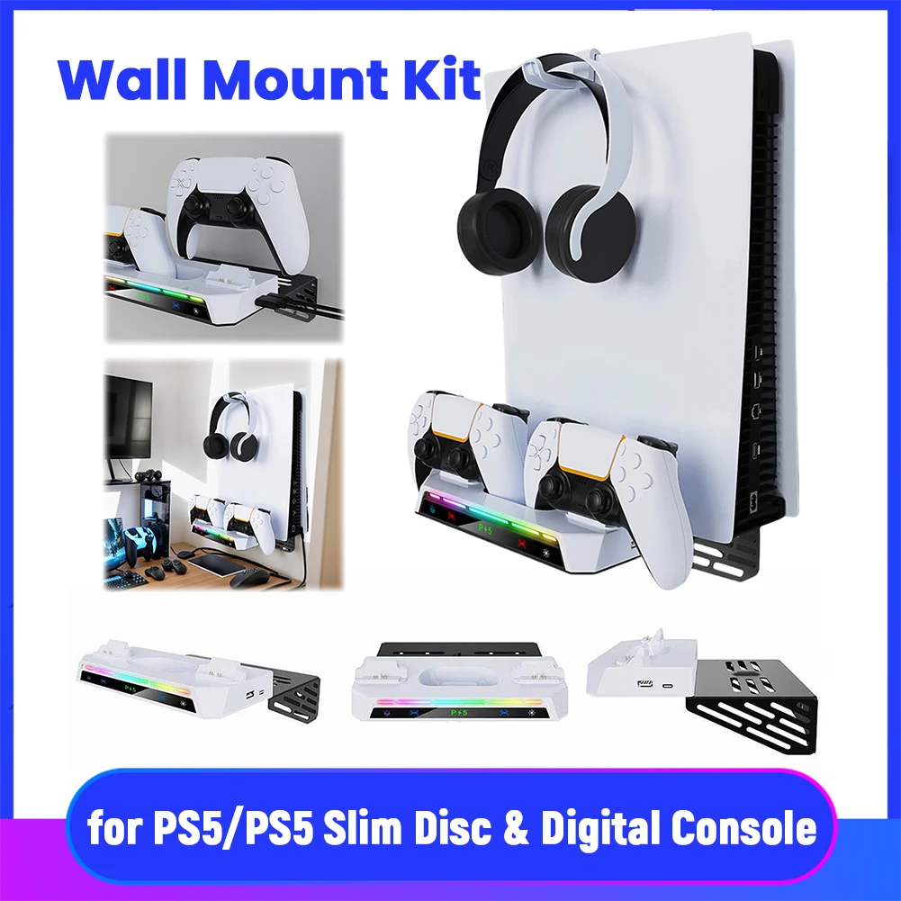 

Shelf Floating Mount & Charging Station W/ Headset Holder Metal Wall Hanging Charger Stand for Playstation 5 Slim Disc & Digital