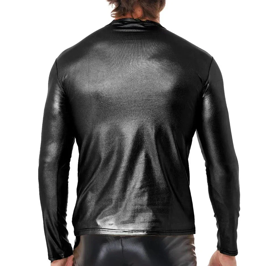 Men Black Leather Long Sleeve T-Shirt Nightclub Wear Muscle Tee Pu Leather Top S-7XL Plus Size V-Neck Slim Shirt Male Undershirt