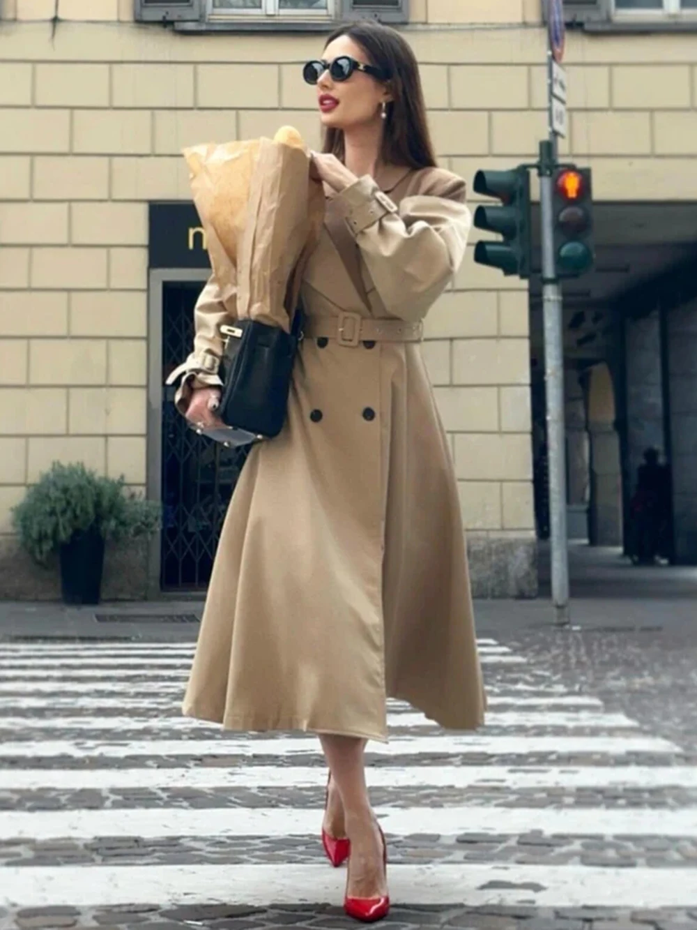 

Modphy Women's contrasting colors Belted Long Trench New Lapel Long Sleeve Loose Windbreaker Coat Fashion Autumn 2024