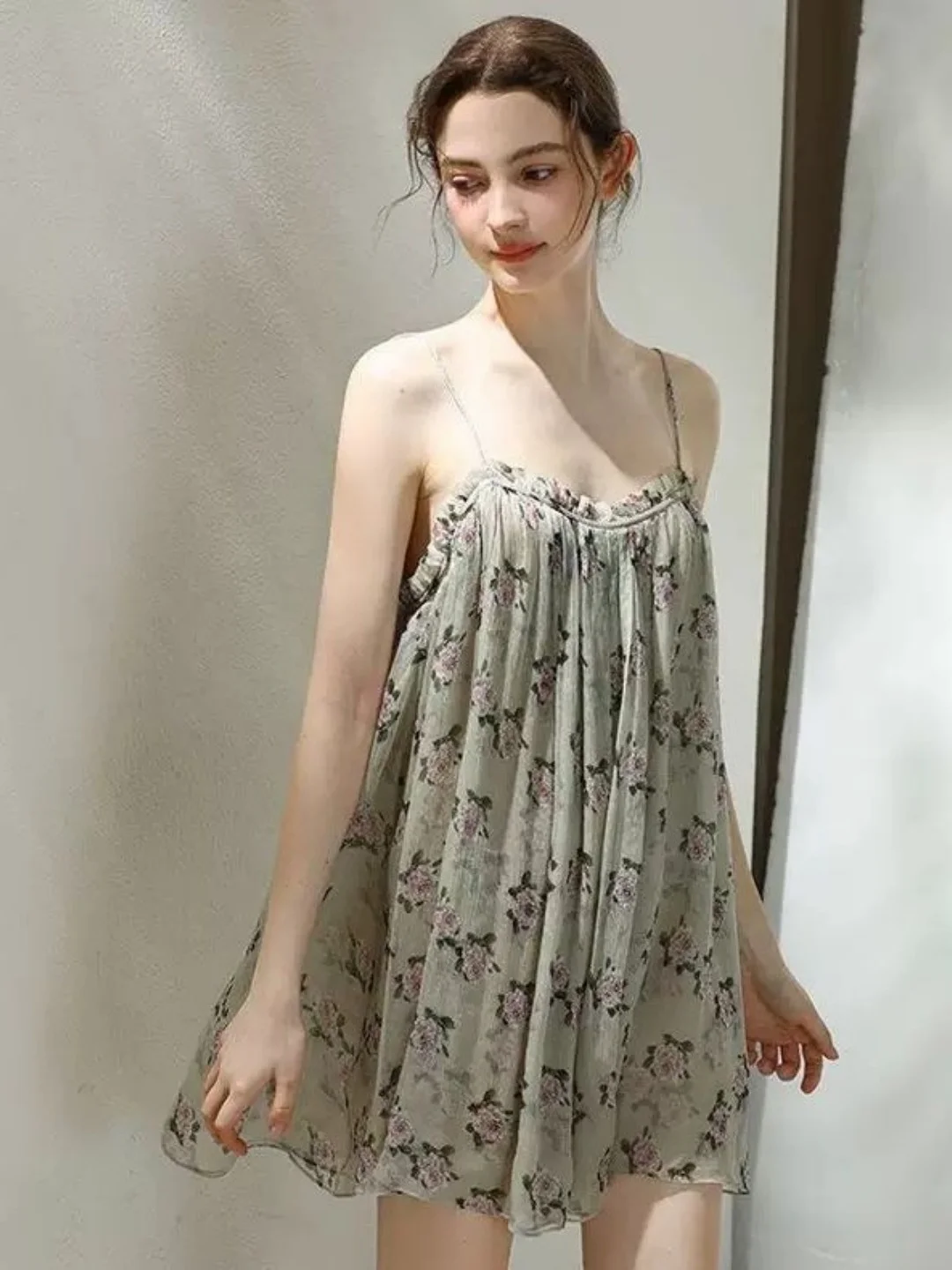 

Summer Thin Floral Print Strap Sleep Dress Women's Sleeveless Backless plus Size Comfortable Vintage Home Clothes Short Skirt