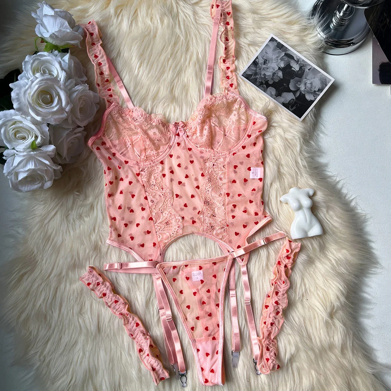 Sexy Lingerie Set Romantic Heart-Shaped Lace Ruffled Beautiful Underwear Fancy Exotic Sets Valentine Polka Dot Intimate