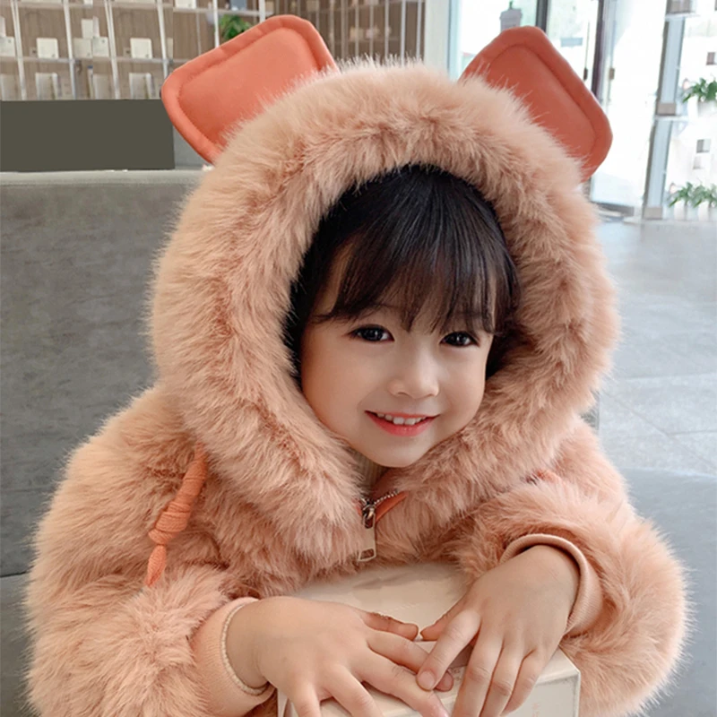 1 2 3 4 5 Years Winter Plush Baby Girls Jacket Cute Big Ears Keep Warm Little Princess Coat Hooded Zipper Outerwear Kids Clothes