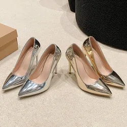 Sexy Pointed Toe Patent Leather Mirror Surface Silver High Heels Womens Pumps Banquet Wedding Shoes Large Size Stiletto Heels 43