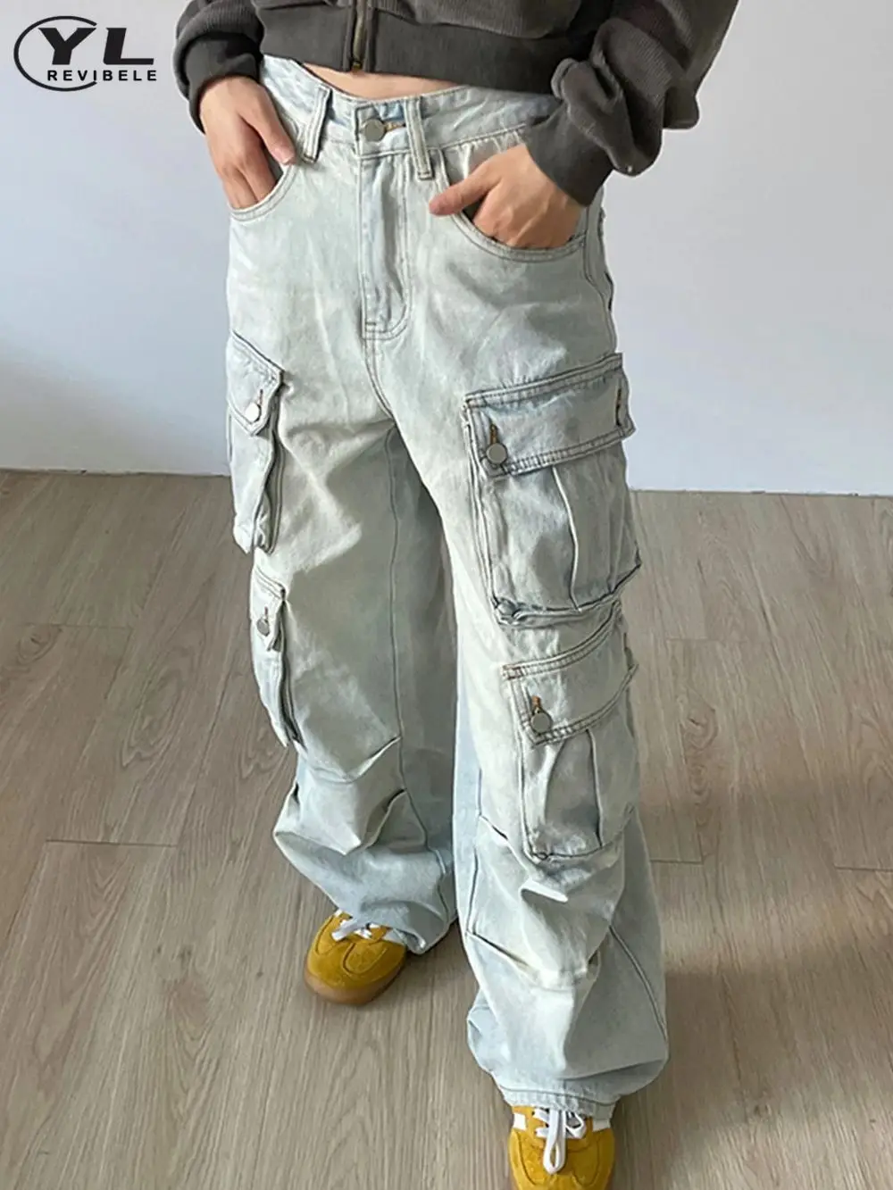 Vintage übergroße Multi Pocket Cargo Jeans Männer Frauen hohe Taille Baggy Straight Denim Hosen Harajuku Hip Hop weites Bein Hosen