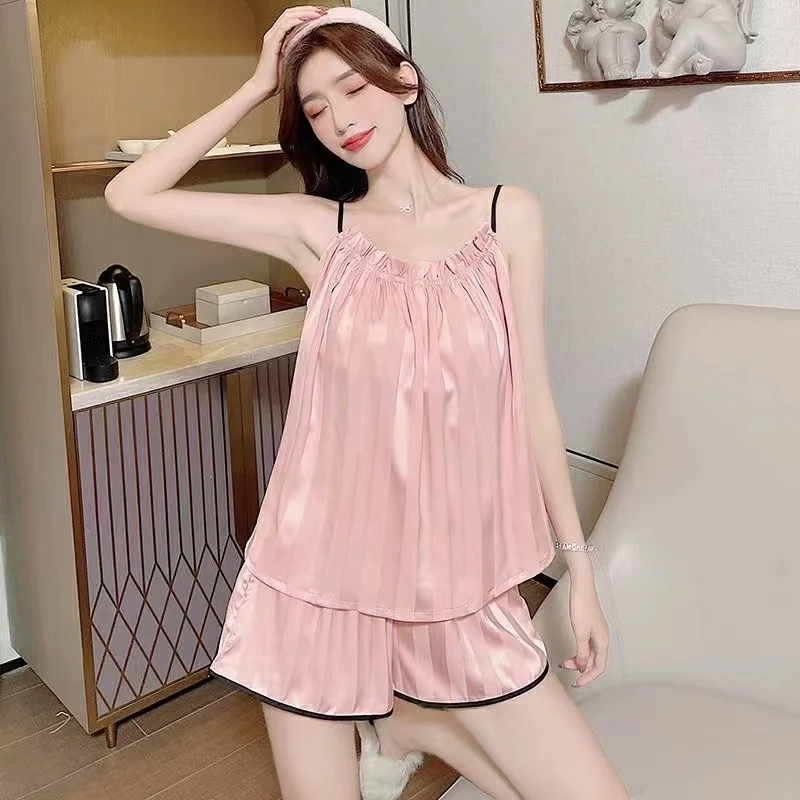 

Pajamas for Women's Summer Suspenders Ice Silk Sexy and Sweet Two-piece Women Set Solid Color Imitation Silk Home Service Suit