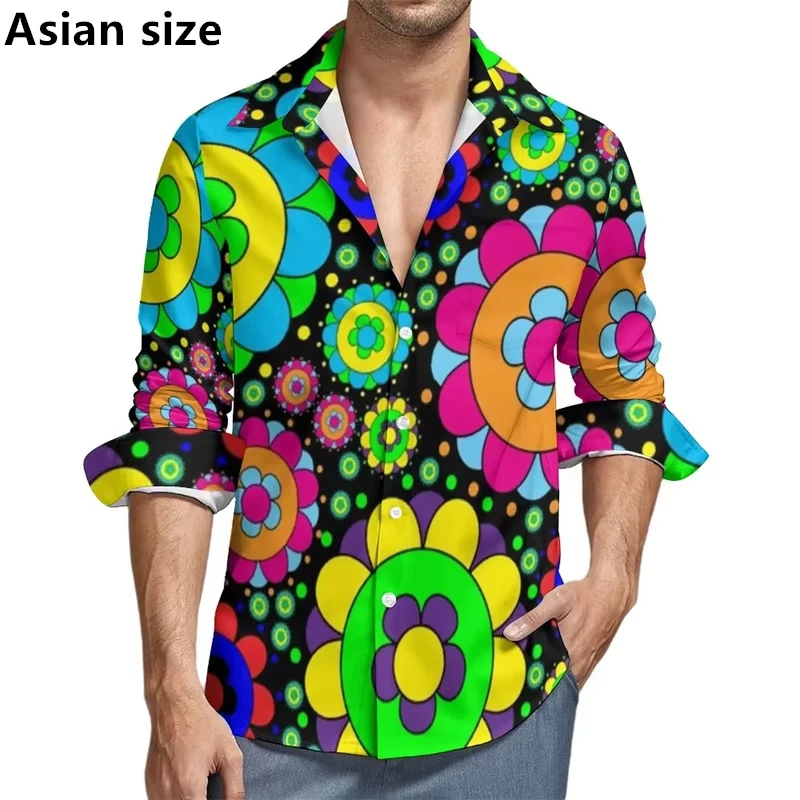 Camicia a maniche lunghe stampata in 3D con motivo floreale a colori Camicia da uomo alla moda da strada Estate Autunno Top Y2k Abbigliamento uomo