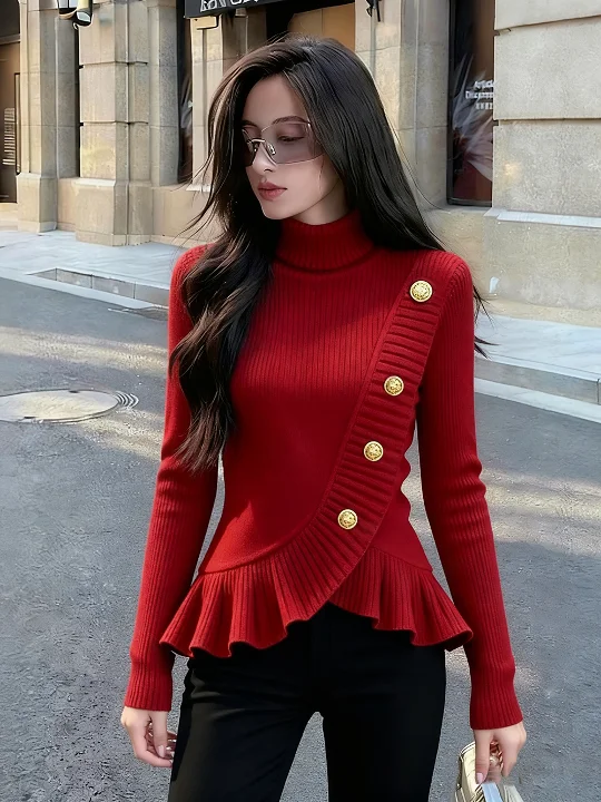 

Уникальный шикарный вязаный свитер красного цвета в корейском стиле, красивая внутренняя отделка, продуманный дизайн, удобный мягкий материал, длинный рукав.