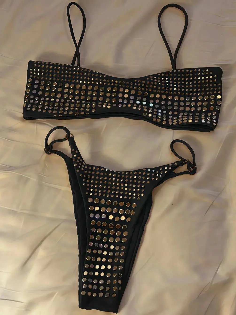 Black rhinestone process bikini sexy thong split swimsuit 2-piece beach set
