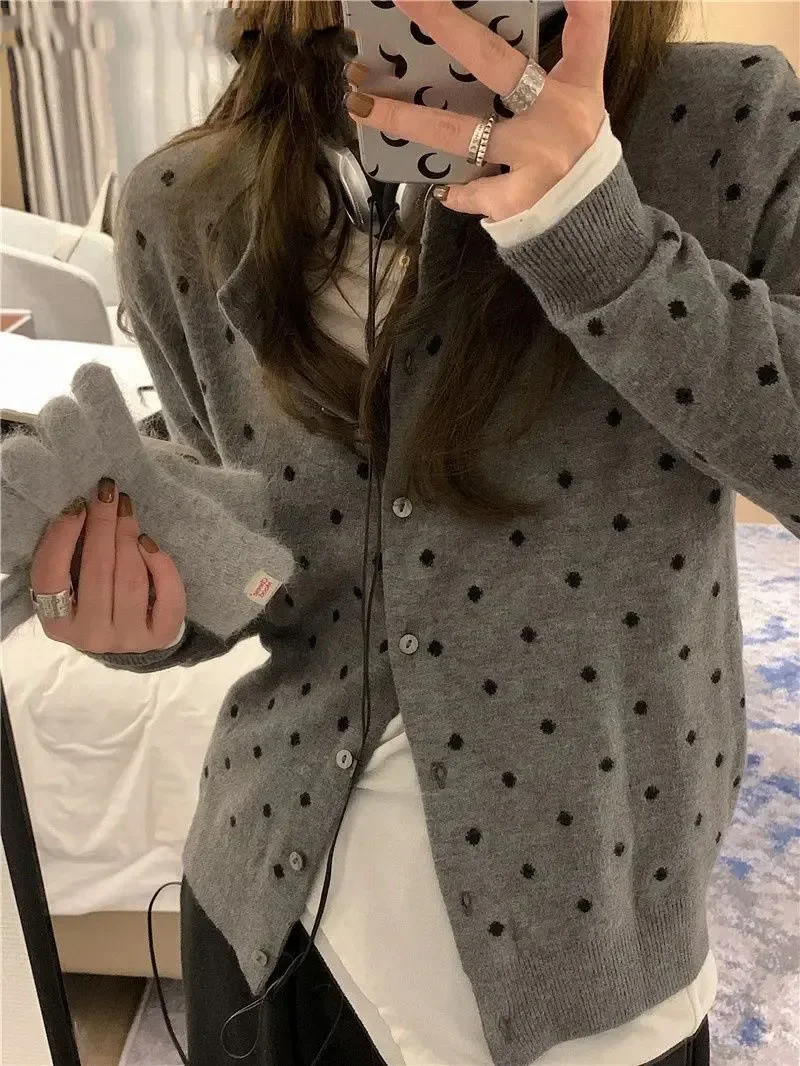 

Korean Fashion New Knitted Women Tops Cardigan Polka Dot O Neck Long Sleeve All Match Knitting Outwear Cardigans Female Clothing