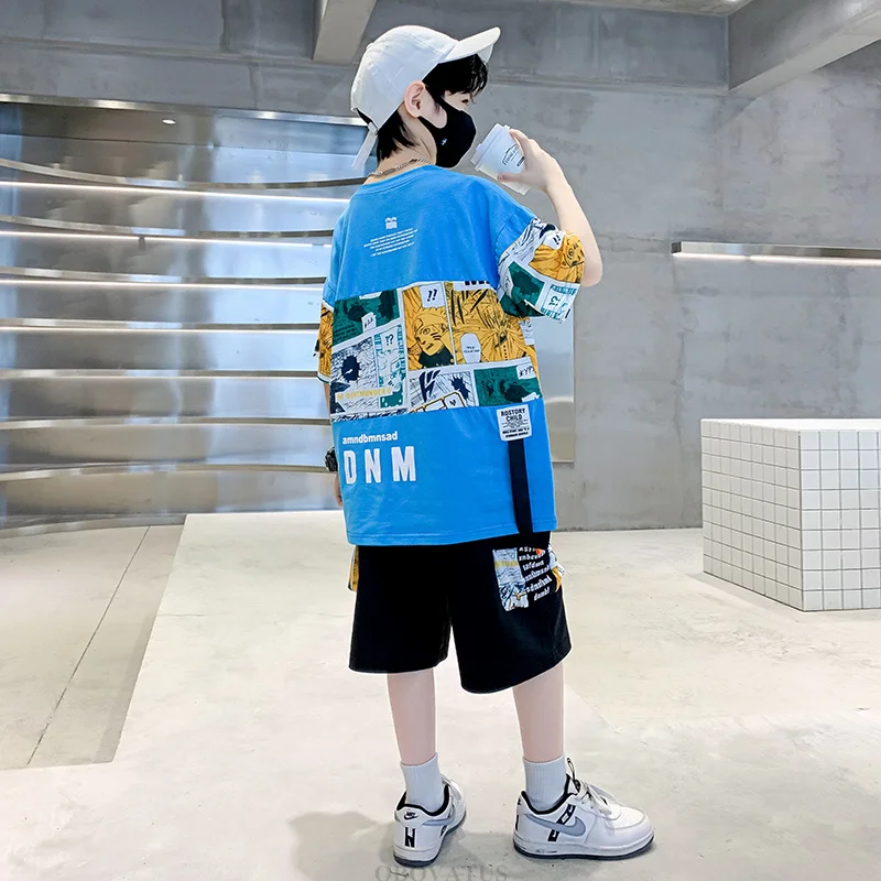 Children High Fashion Summer Streetwear Outfit Suit for Boys T-shirt Shorts Two Pieces Clothing Set Kids Teenager Casual Clothes