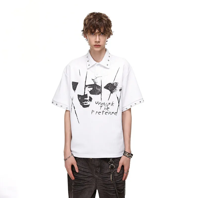 2026 Summer American Street Gothic Men Black White Portrait Letter Print Rivet Lapel Short Sleeve Loose Casual Polo Shirt