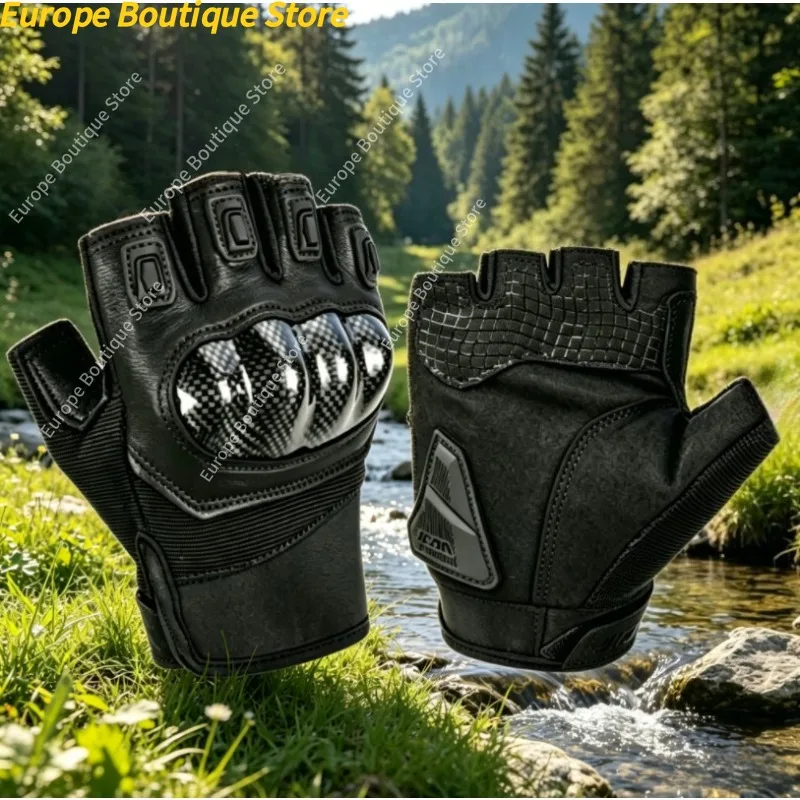 

Anti Fall Breathable Genuine Leather Carbon Fiber Shell Summer Half Finger Motorcycle Gloves Riding Gear For Men