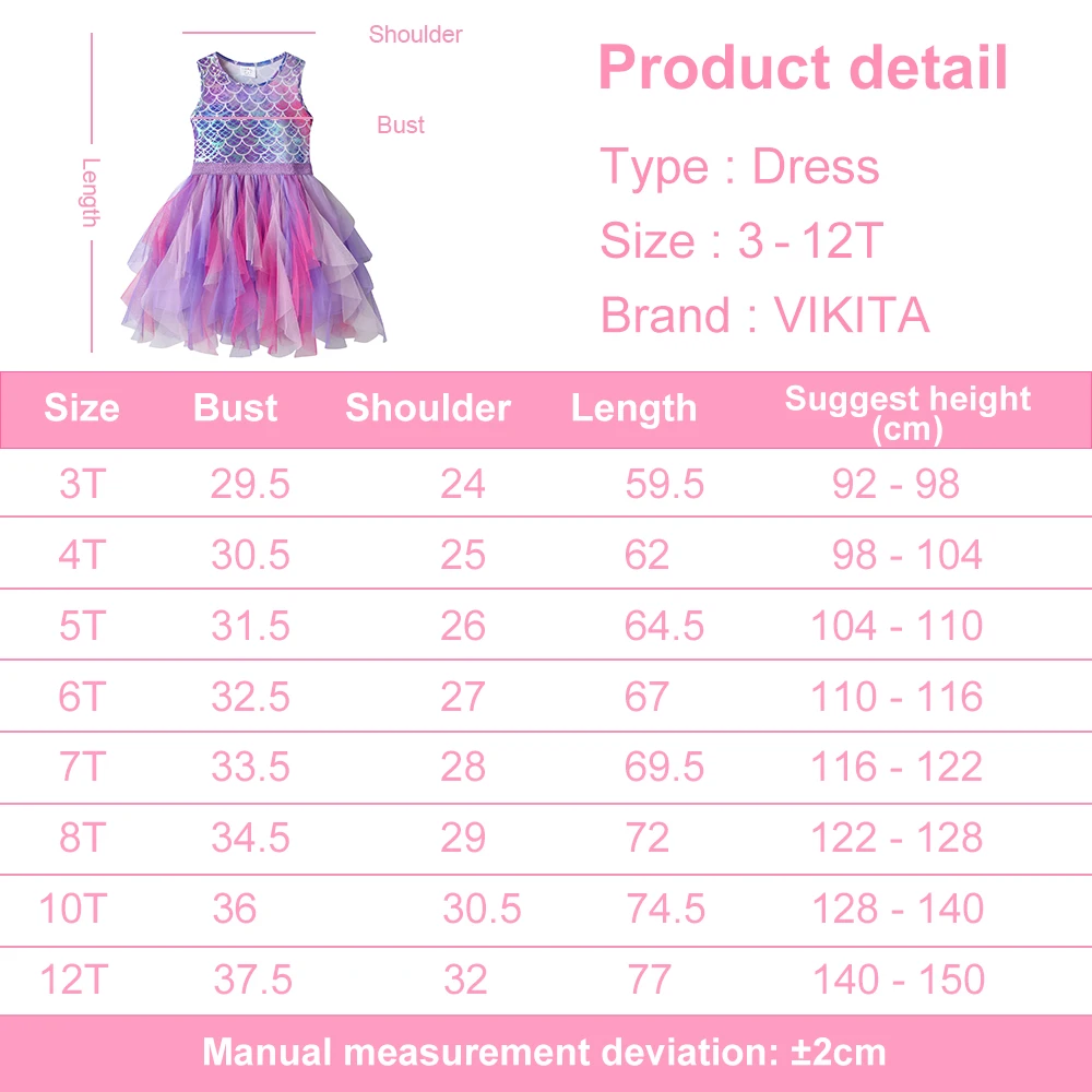 VIKITA Girls Mermaid Print Dress Kids Sleeveless Summer Vestidos Girls Patchwork Dresses Kids Layered Mesh Tulle Cake Dress