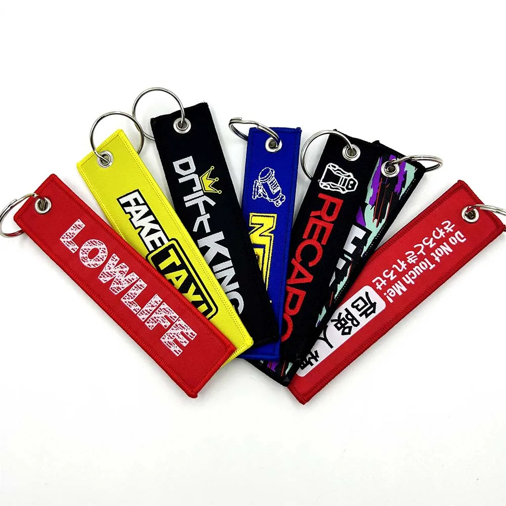 JDM Keychain Car Fashion Tags Embroidered Short Cloth Rectangle Polyester Holder Charm KeyRing for Fake Taxi No Goods HKS