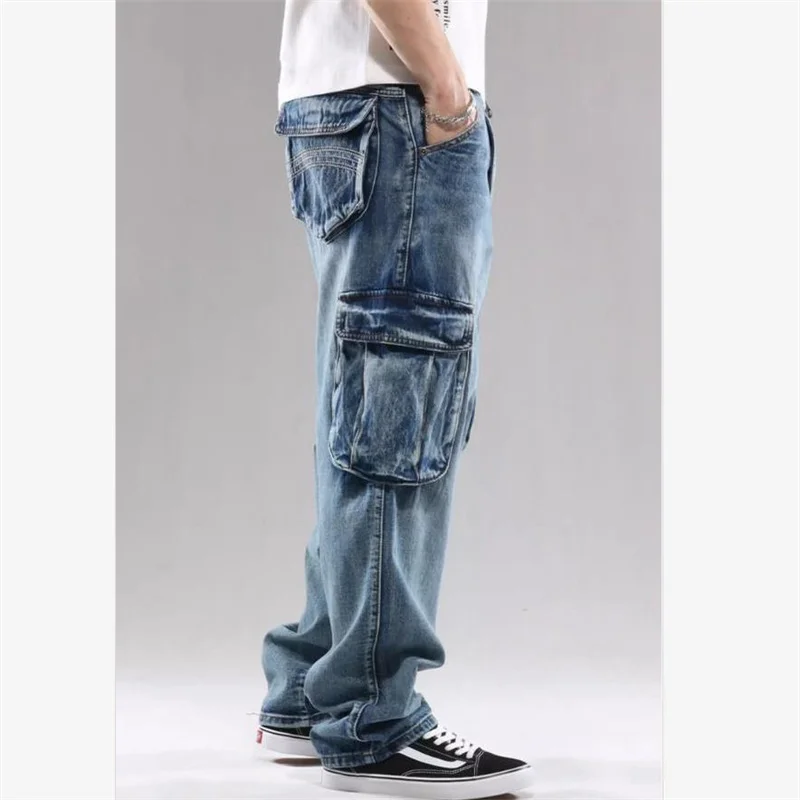 Fashion Trend Jeans Man Hiphop Skateboarders Denim Pants Autumn Winter Trousers Loose Men Big Size Hip Hop Bottoms Blue 44