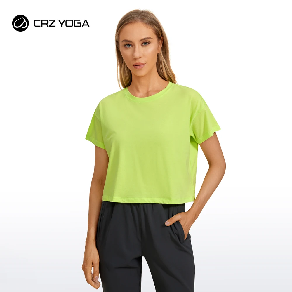 CRZ YOGA Women's Pima Cotton Workout Crop Tops Short Sleeve Running T-Shirts Casual Athletic Tees