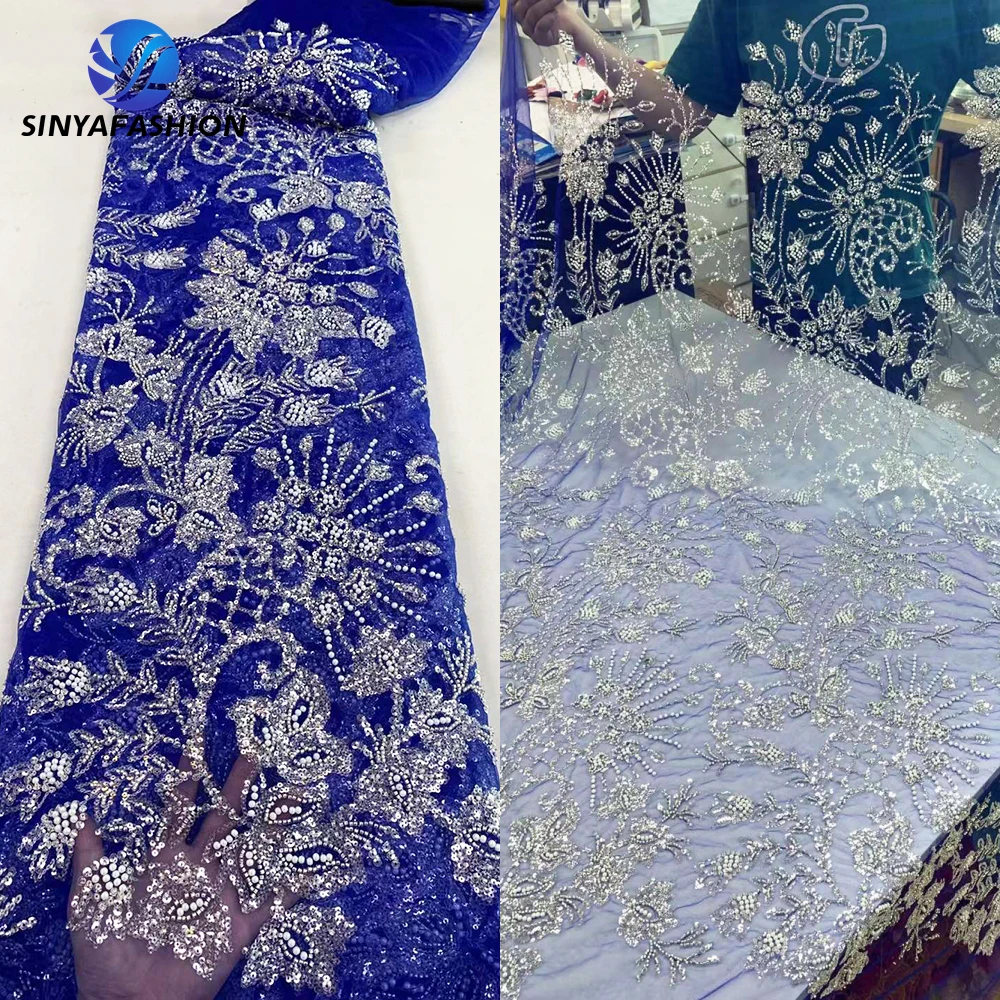 

Sinya Royal Blue African Sequins Pearls French Lace Fabric 2023 High Quality Embroidery Tulle Nigerian Beaded Lace Fabric Luxury