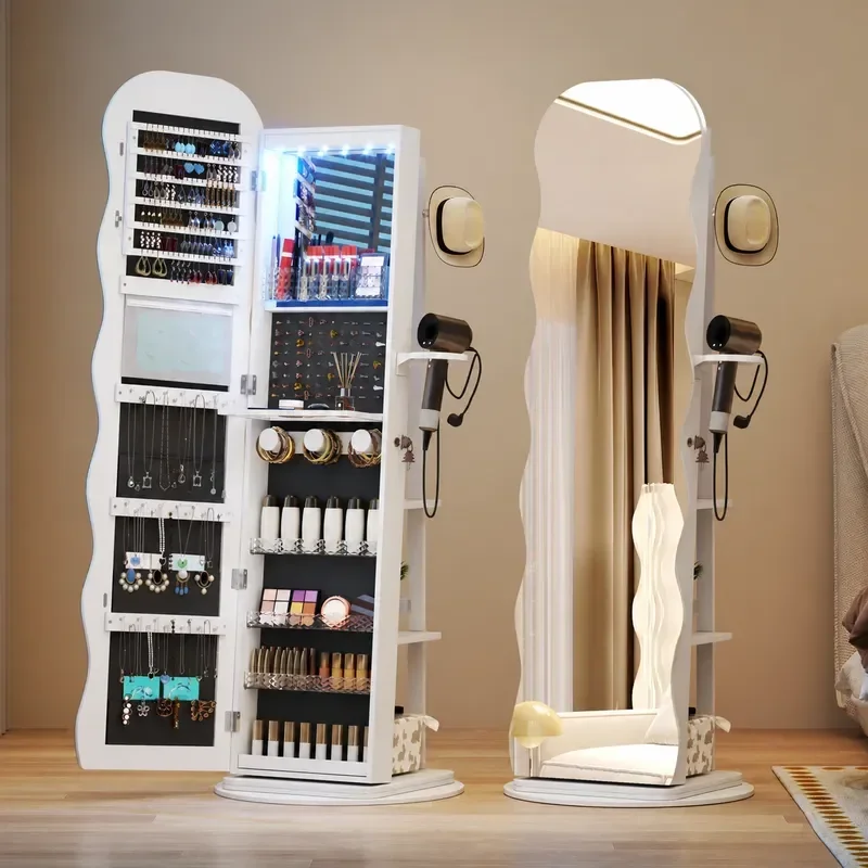 360 Degree Rotating Wave Mirror Jewelry Cabinet with LED Light Full Length Mirror Lockable Built in Folding Shelf Storage