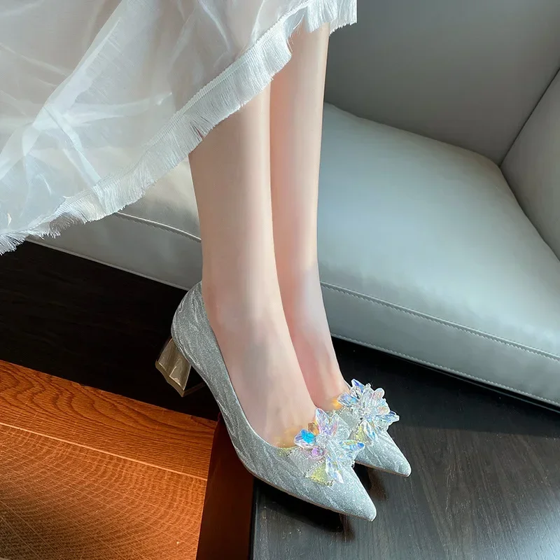 5cm Luxury Brands Crystal Flower Pumps Sexy Block Heels Banquet Wedding Women Gold Shoes 41 42 43