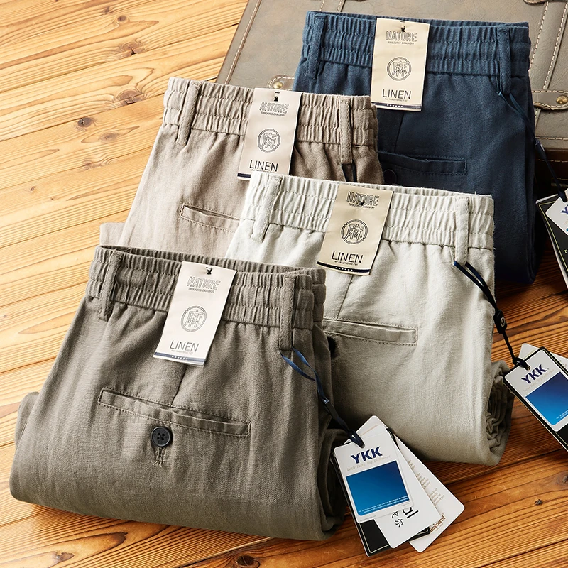 

Мужские летние тонкие дышащие льняные брюки свободного кроя с эластичным поясом на шнурке, 100% чистый лён, премиум-класса