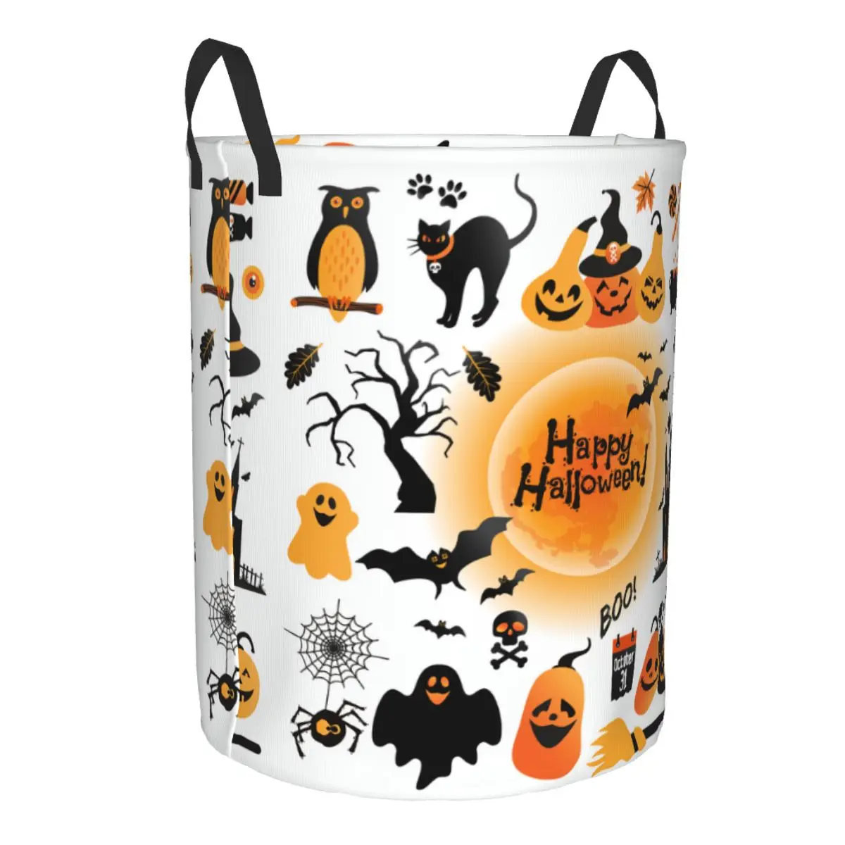 Custom Halloween Orange Pumpkin Ghost Black Cat Ghost Castle Bat Full Moon Laundry Basket Baby Hamper Organizer Storage Bins