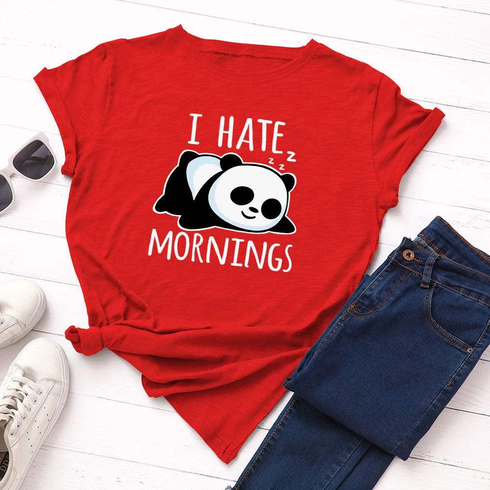 I HATE Mornings Letter Panda Print T Shirt Women Short Sleeve O Neck Loose Tshirt Summer Women Tee Shirt Tops Camisetas Mujer