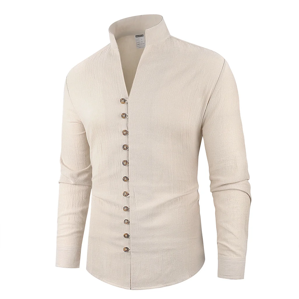 봄 가을 남성 셔츠 싱글 브레스트 세련된 헨리 넥 코튼 린넨 캐주얼 버튼 탑 심플 스타일 남성 아늑한 탑
