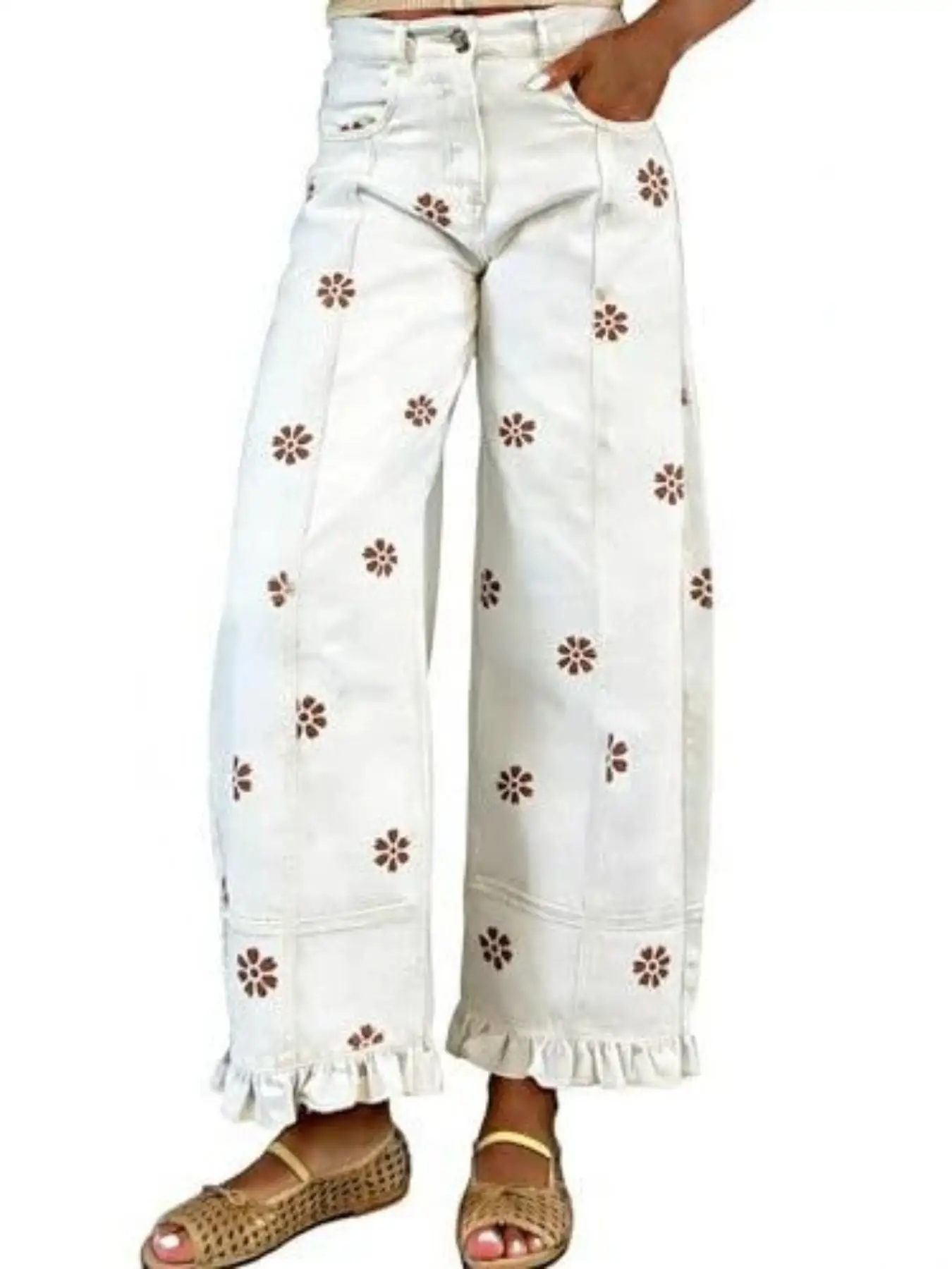 Vintage Jeans mit Gänseblümchenmuster für Damen, hohe Taille, floraler Saum, locker geschnittene, abgenutzte, lässige lange Hose, Retro-Unifarben-Design. – Detail 5