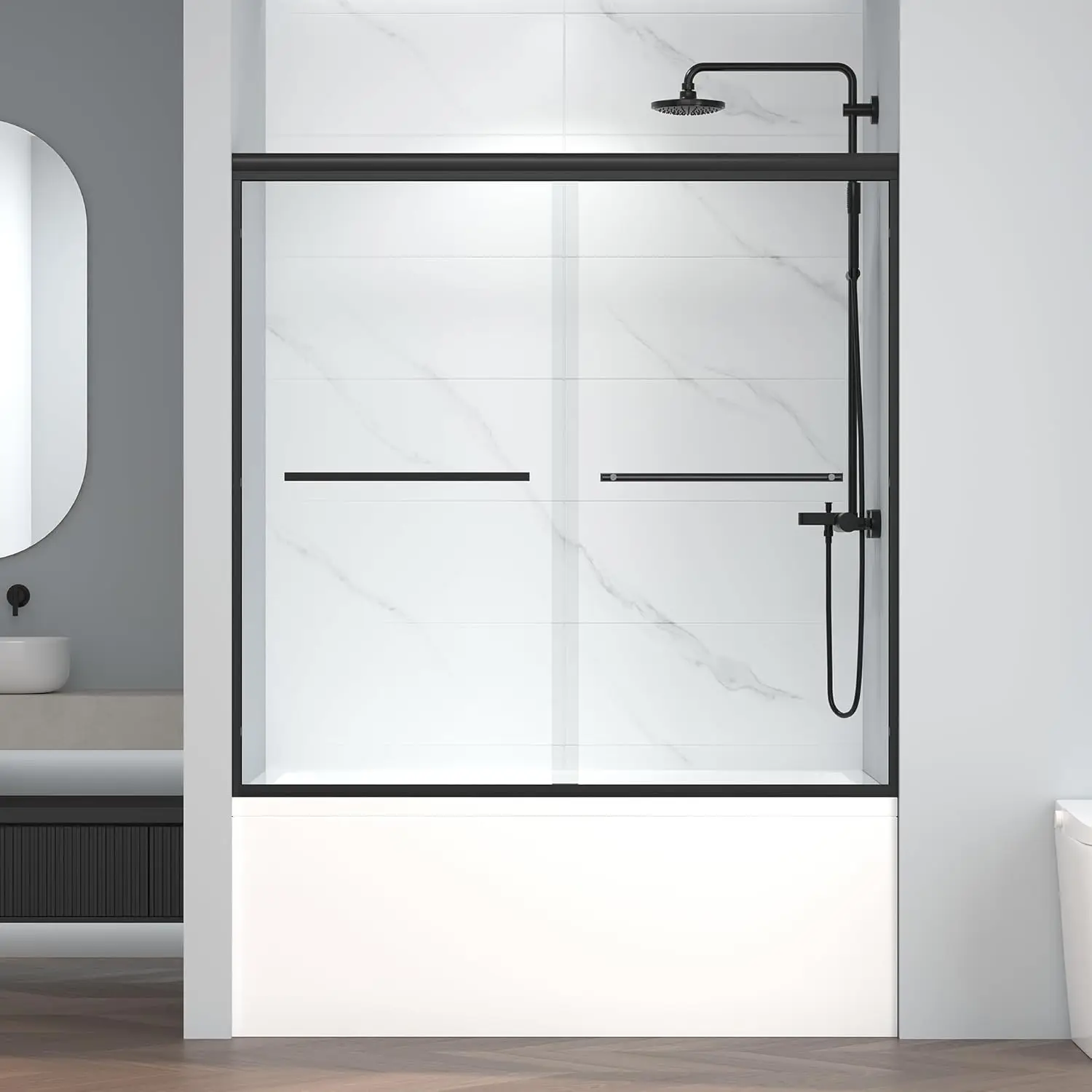 

60" W x 58" H Semi-Frameless Bypass Sliding Bathtub Shower Door, Easy-to-Clean Treated Clear Tempered Glass, Matte Black
