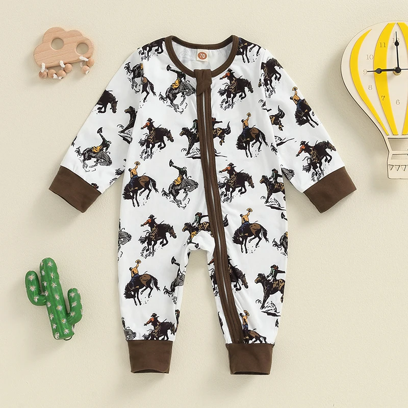 Western Baby Girl Boy Clothes Retro Cowboy Jumpsuit Rodeo Cactus Bodysuit Unisex Long Sleeve  Zipper Romper