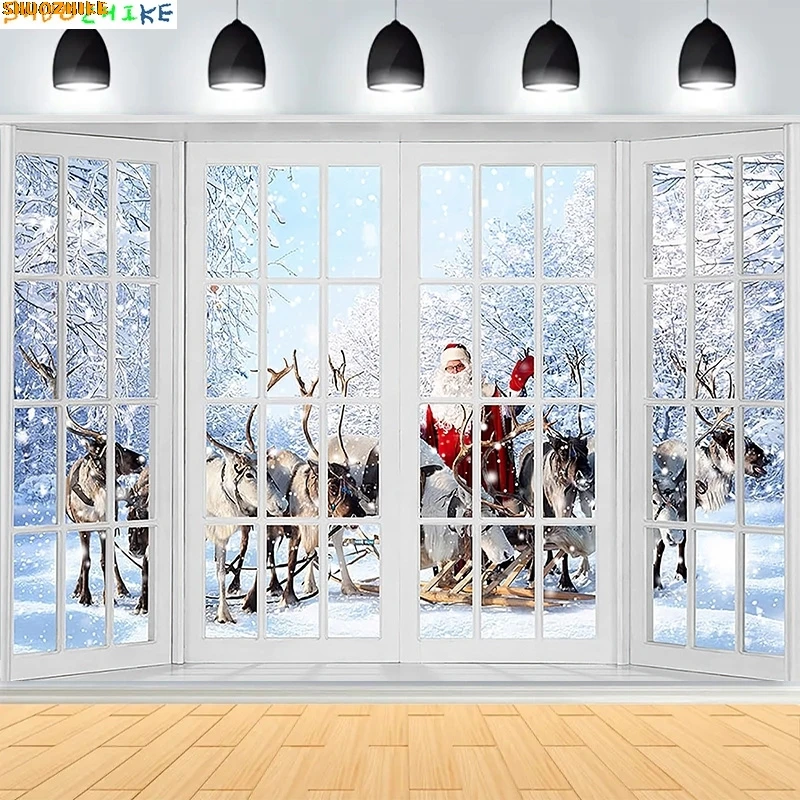 

Christmas Day New Year Party Photography Backdrops Prop Window Living Room Interior Xmas Tree Snow Theme Photo Background AX-03