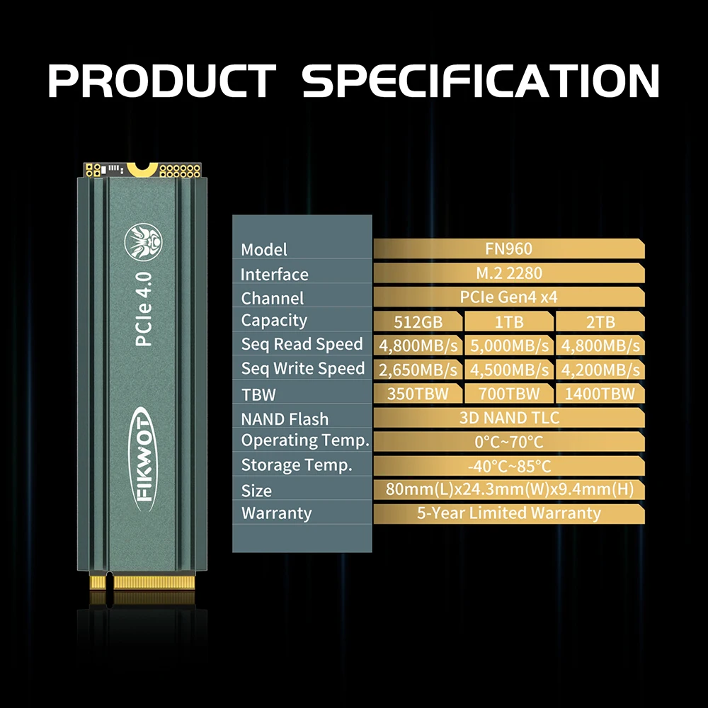 Fikwot-Disque dur interne SSD avec dissipateur thermique, 5000 MBumental, SSD M.2, 512 Go, 1 To, 2 To, PCIe4.0x4, NVMe, FN960, PS5, PC de bureau