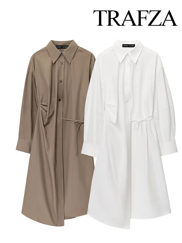 

TRAFZA Women Fashion Single Breasted Shirt Style Asymmetry 2Color Long Dress Female High Street Long Sleeve Lace-up Casual Dress