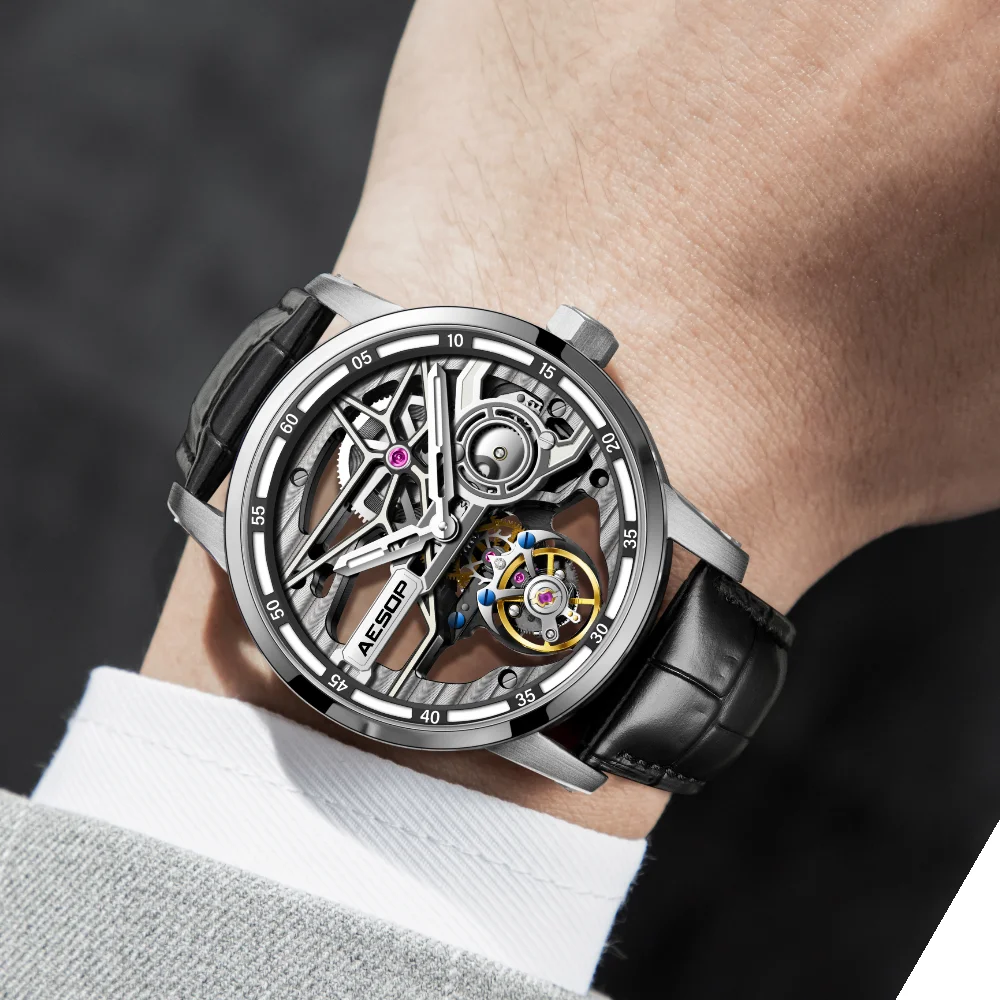 AESOP(manual 7053G）Tourbillon Skeleton Automatic Mechanical Men Watch Luminous Waterproof Luxury Leather Wristwatch