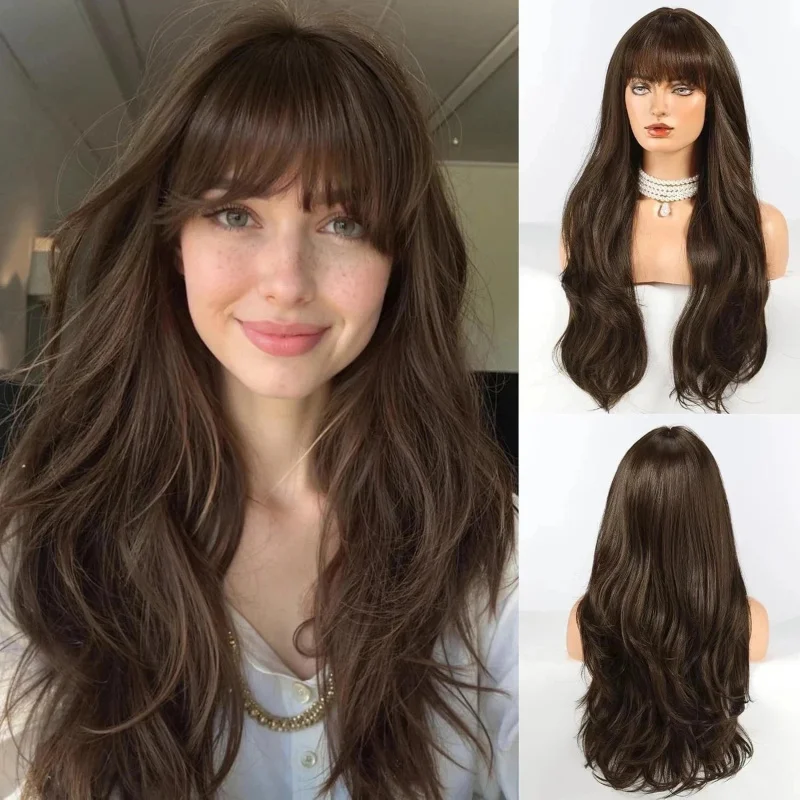 

Real Human Hair New Fashion Long Natural Dark Brown Wavy Women's Full Wigs 24 In